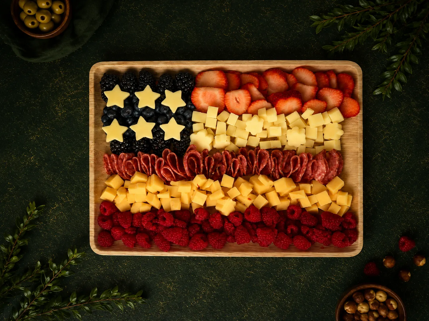 Flag-themed grazing board with cheese stars, berries, and charcuterie stripes