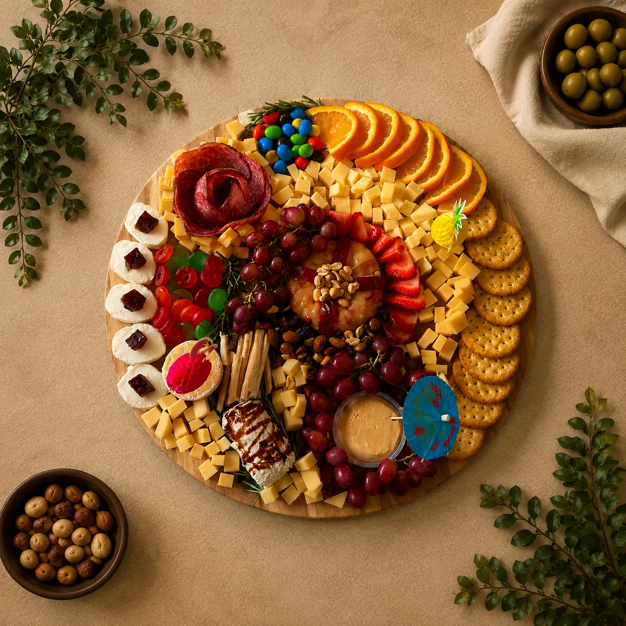 Grand round grazing board with cheese, fresh fruit, charcuterie, and crackers