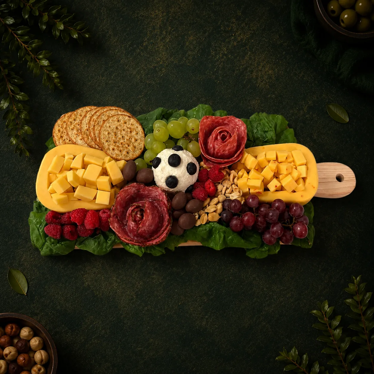 Soccer-themed grazing board with salami roses, cheese, grapes, and crackers